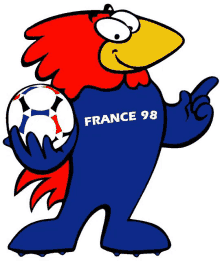 a cartoon of a rooster holding a soccer ball with france 98 written on his shirt