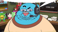 a cartoon character wearing a headset with a coming soon sign behind him
