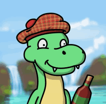 a cartoon of a dinosaur wearing a plaid hat and holding a bottle that says kotch