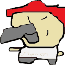 a drawing of a person wearing a red hat and a white shirt that says snpo on it