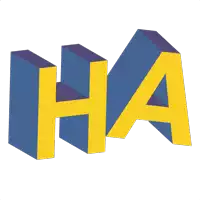 a blue and yellow ha logo with a white background