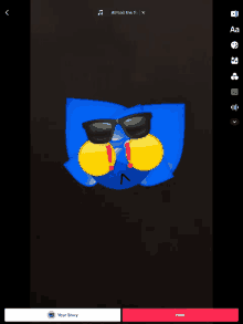 a screen shows a blue cartoon character wearing sunglasses and yellow gloves