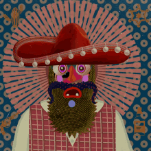 a man with a beard wearing a red sombrero