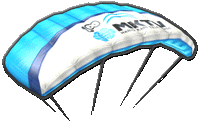 a blue and white parachute with the word miku on the side