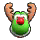 a green reindeer with a red nose and antlers .