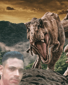 a man stands in front of a dinosaur with its mouth wide open