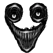 a black and white drawing of a monster 's face with a smiley face and teeth .