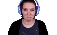 a woman wearing a pair of blue headphones looks sad