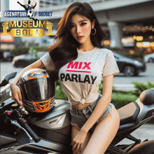 a woman wearing a white shirt that says mix parlay is sitting on a motorcycle