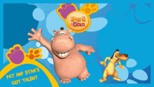 a poster for pat and stan shows a hippo and a dog on a blue background