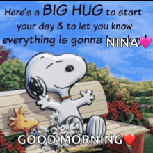 a picture of snoopy and woodstock sitting on a bench with a message that says good morning