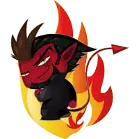 a cartoon of a devil with a red tail standing in front of flames