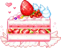 a pixel art illustration of a strawberry cake with hearts around it