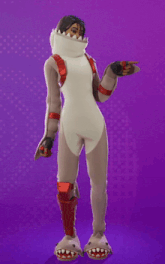a person dressed in a shark costume with a purple background