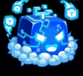 a cartoon drawing of a blue cube surrounded by bubbles