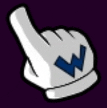 a cartoon hand wearing a white glove with a blue w on it .