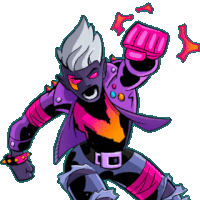 a cartoon drawing of a man in a purple jacket and pink gloves