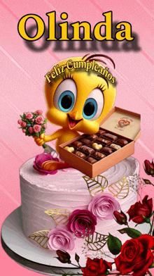 a birthday card for olinda shows a tweety bird holding a bouquet of flowers and a box of chocolates