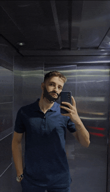 a man is taking a selfie with his phone in an elevator