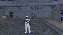 a screenshot of a video game with a skeleton holding a rifle