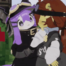 a cartoon character with purple hair is hugging another cartoon character