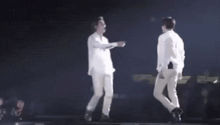 two men are standing next to each other on a stage and dancing .