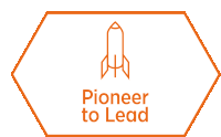 a logo for pioneer to lead with a rocket