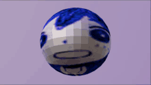 a blue and white ball with a face on it against a purple background