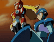 a pixelated image of a man and a robot standing next to each other