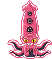 a pink squid with circles and a triangle on it 's head