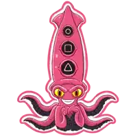 a pink squid with circles and a triangle on it 's head