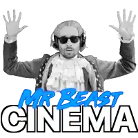 a man wearing a wig and sunglasses stands in front of a sign that says " mr beast cinema "