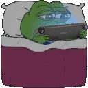 a pixel art of a frog laying in a bed playing a video game .