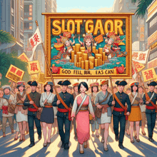 a group of people are marching in front of a sign that says slot gaor