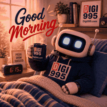 a robot is laying in bed holding a mug that says digi on it
