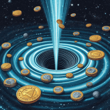 a drawing of a black hole with coins coming out of it and one of the coins says ireland