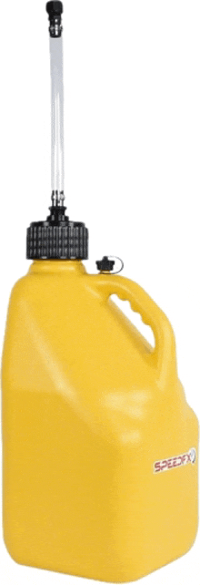 a yellow fuel can with a hose attached to it