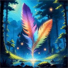 a painting of a rainbow colored feather in a forest