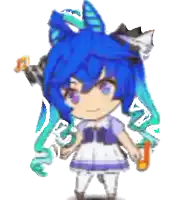 a pixel art of a girl with blue hair and purple eyes standing next to a man in a suit
