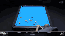 a pool table with a blue cloth that says csi