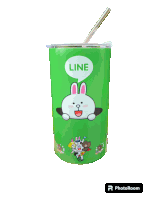 a green stainless steel tumbler with a straw and a bunny on it that says line