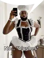 a man in a maid costume takes a selfie with the words " no blushes " above him