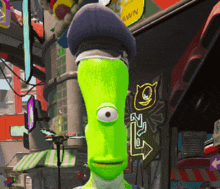 a green cartoon character is standing in front of a pawn store