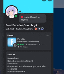 a screenshot of frostfacade 's profile shows that he is a good boy