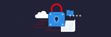 an illustration of a blue padlock with a red handle surrounded by a cloud and a folder .