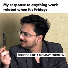 a man holding a knife with the caption my response to anything work related when it 's friday sounds like a monday