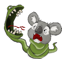 a cartoon drawing of a koala being eaten by a green snake