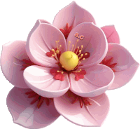 a pink flower with red petals and a yellow center has the letters ac on it