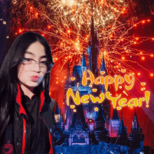 a girl with glasses stands in front of a castle with fireworks and the words happy new year