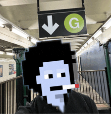 a pixelated man stands in front of a sign that says g on it